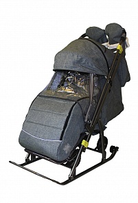 Санки-коляска Snow Galaxy City-3-3 Джинс серо-зелёный на колёсах, сумка и варежки (Galaxy, 7247rt)